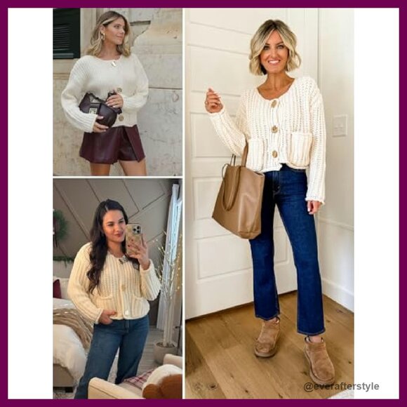 Chunky Knit Cropped Cardigan Button Down Open Front Sweater Y2K Chic - Picture 6 of 8